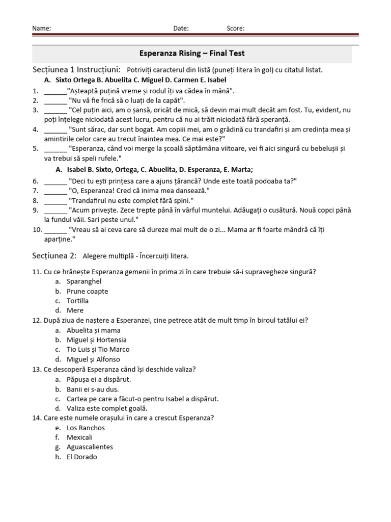 Esperanza Rising - Test Final | PDF
