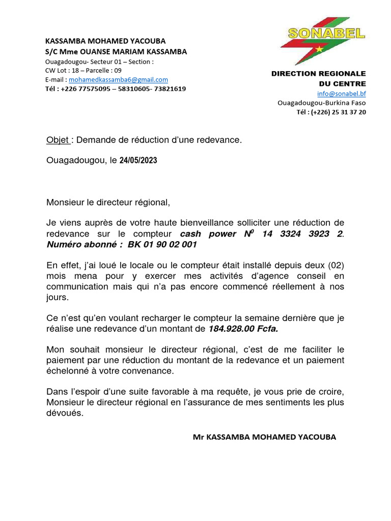 Demande de réduction de redevance Sonabel | PDF