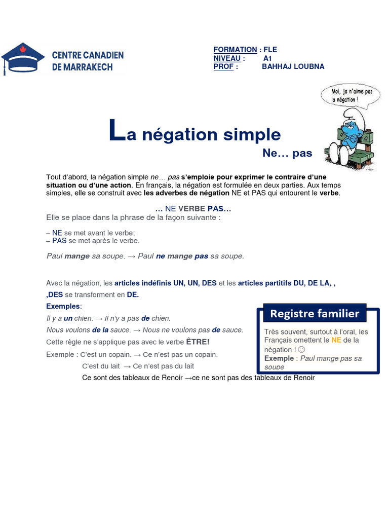 Négation simple en FLE A1 | PDF | Linguistique | Grammaire