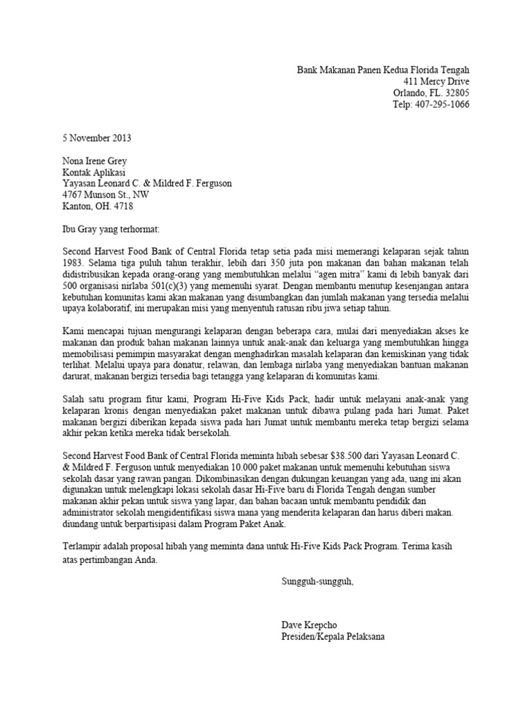 Proposal hibah untuk second harvest food bank of central florida pdf