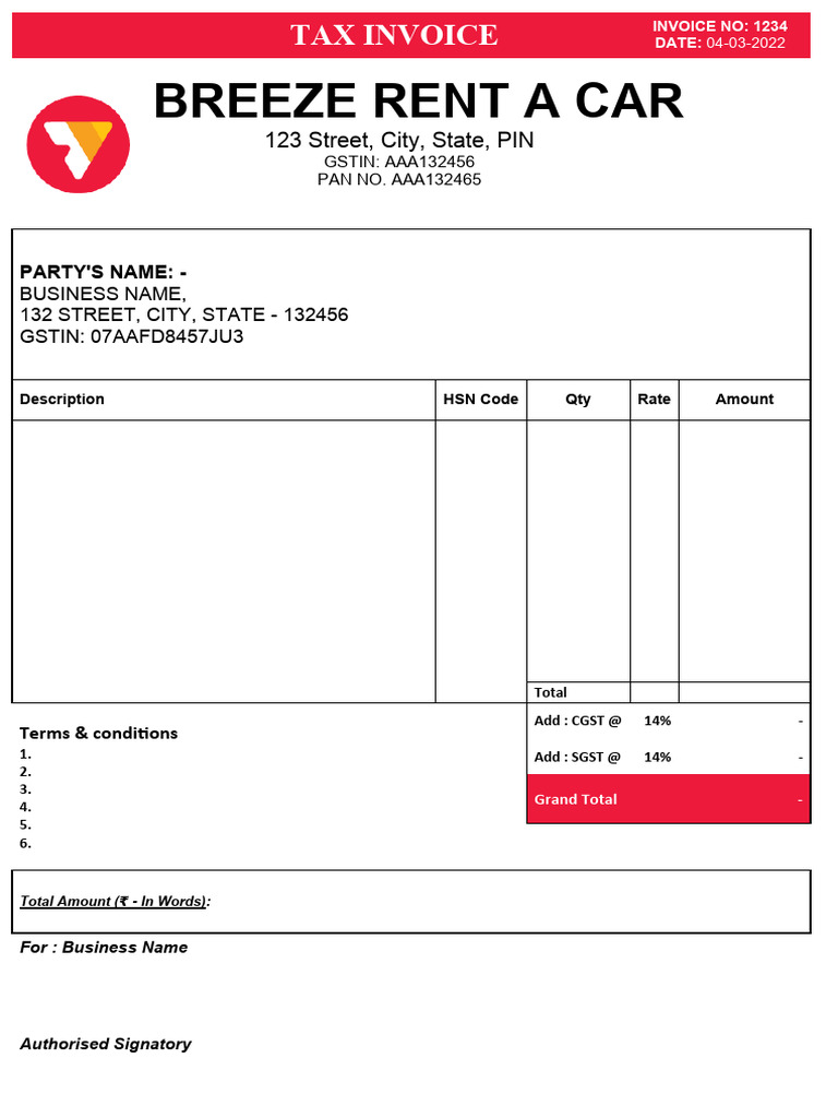 Tax Invoice for Breeze Rent A Car | PDF | Business