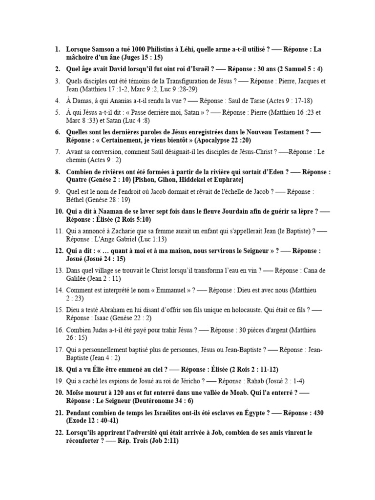 Quiz biblique : 68 questions et réponses | PDF | Évangile selon Luc | Josué