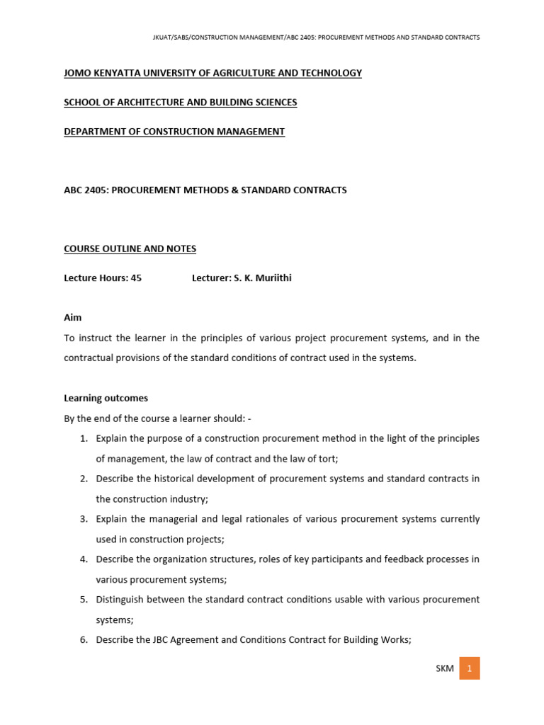 Procurement Methods And Standard Contracts Notes Pdf Risk