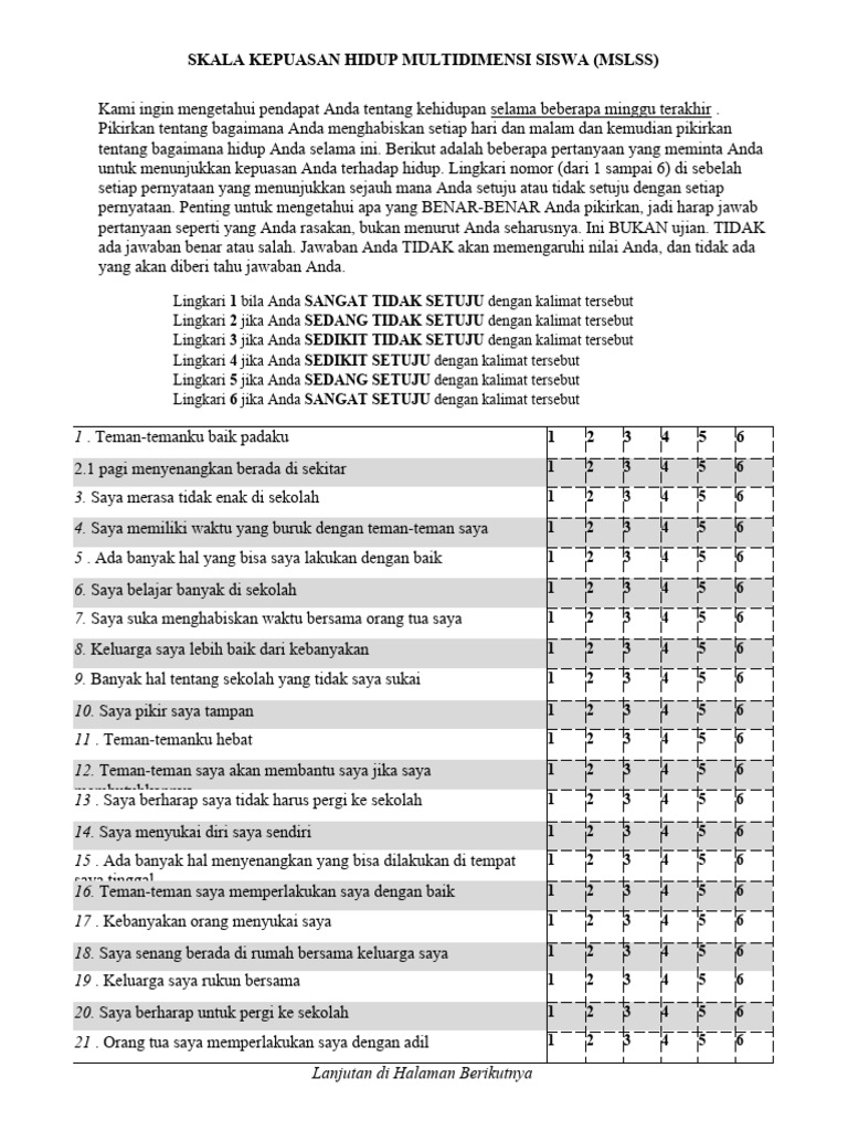 Skala Kepuasan Hidup Siswa MSLSS | PDF | Pengembangan Diri | Kesehatan ...