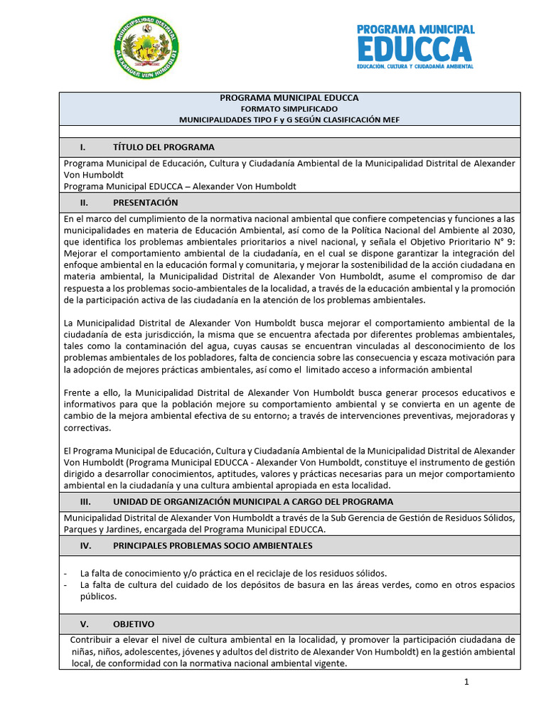 Programa EDUCCA: Educación Ambiental en Humboldt | PDF | Ciencias ...