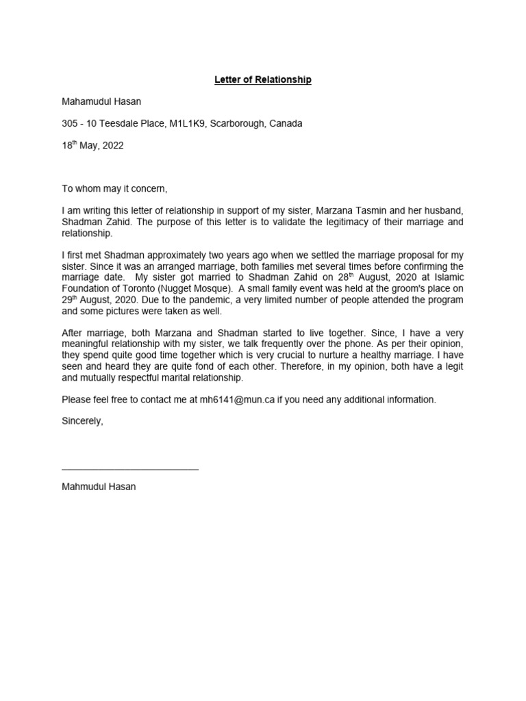 Letter of Relationship PDF