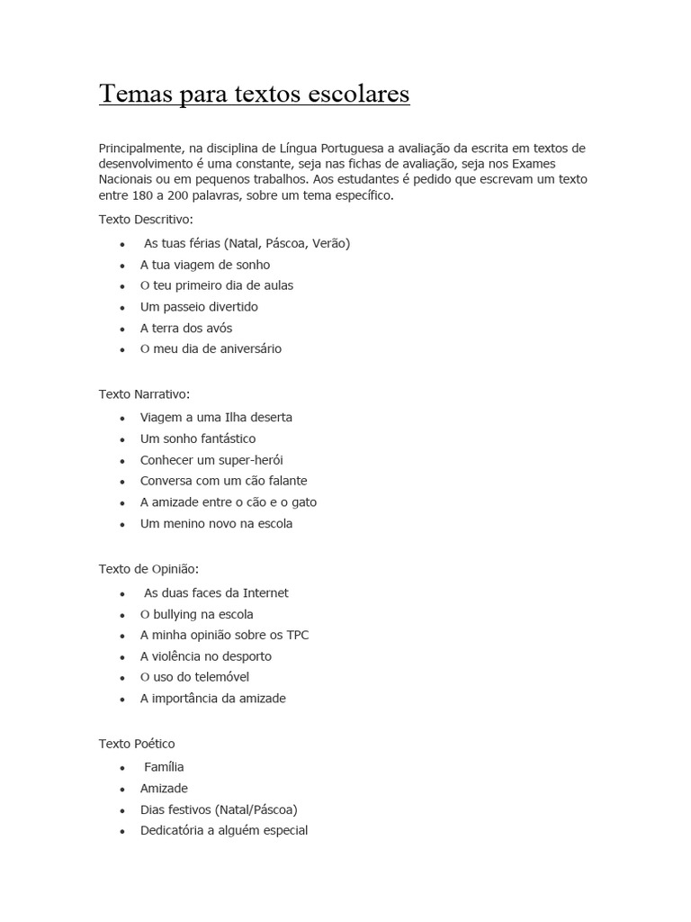 Temas para Textos Escolares | PDF | Poesia | Ficção Geral