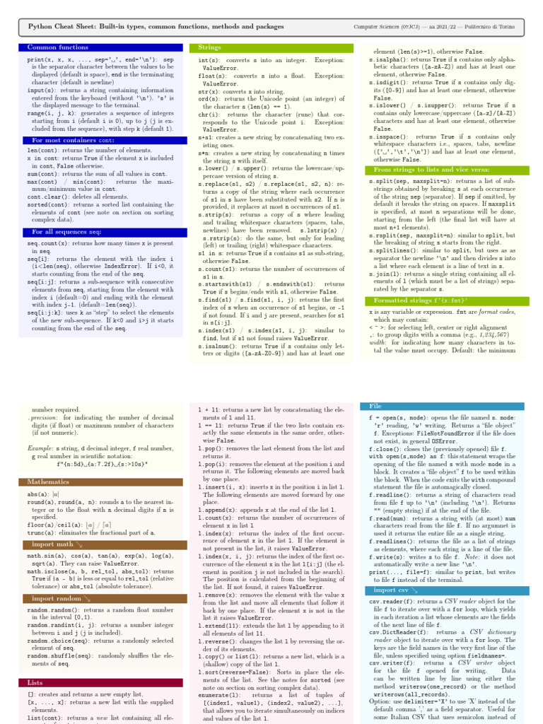 Python Cheat-Sheet | PDF | Comma Separated Values | String (Computer ...