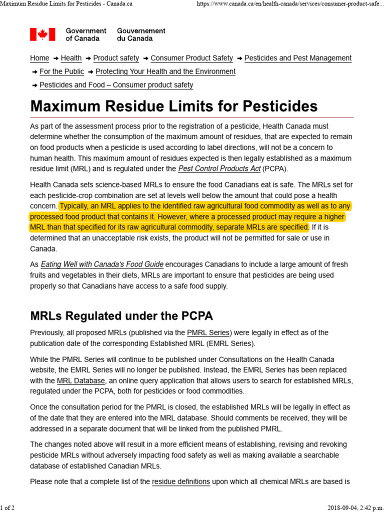 Maximum Residue Limits For Pesticides Canada PDF Pesticide