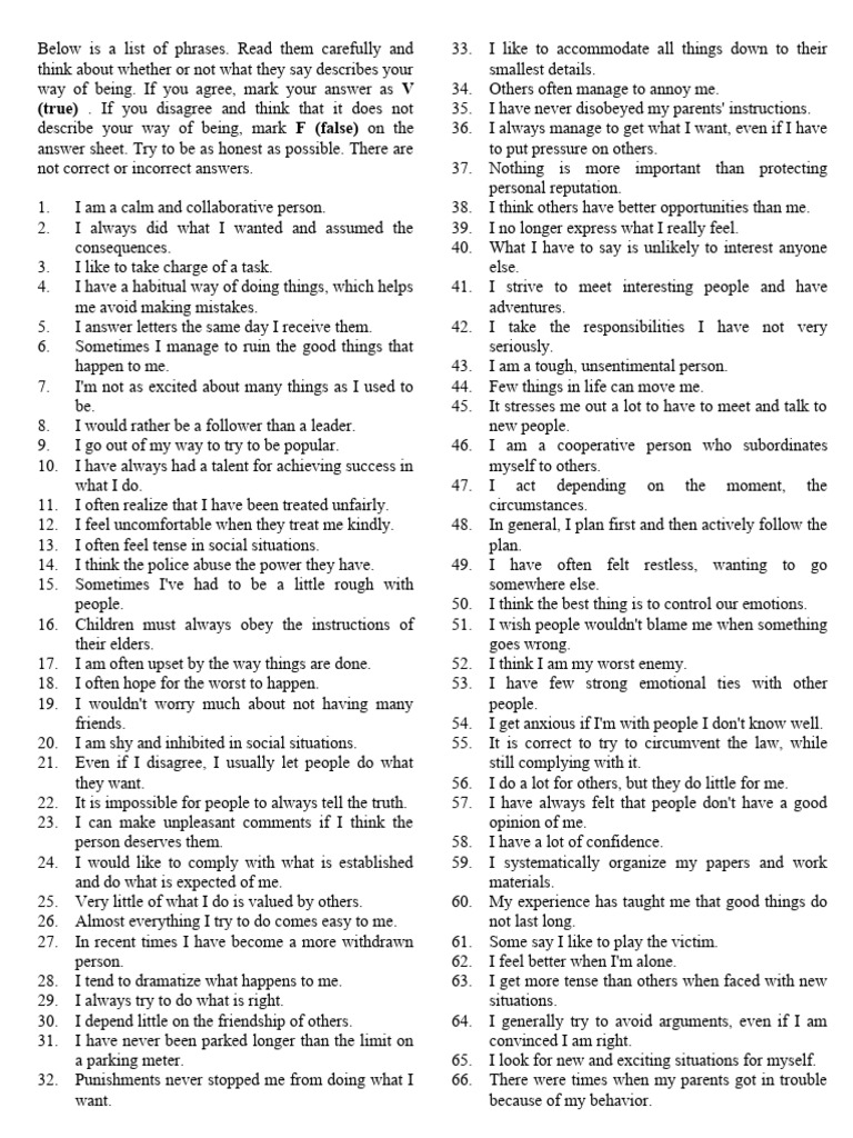 MIPS Personality Test Questionnaire | PDF | Thought | Behavioural Sciences