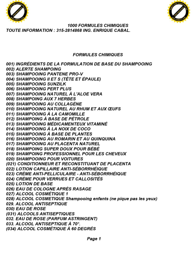 1000 Formules Chimiques Diverses | PDF | Shampooing | Éthanol