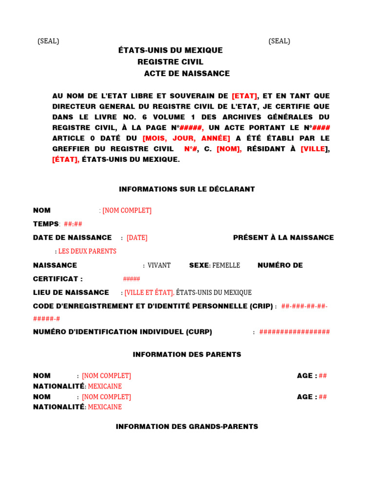 Acte de Naissance au Mexique | PDF | Certificat de naissance | Gouvernement