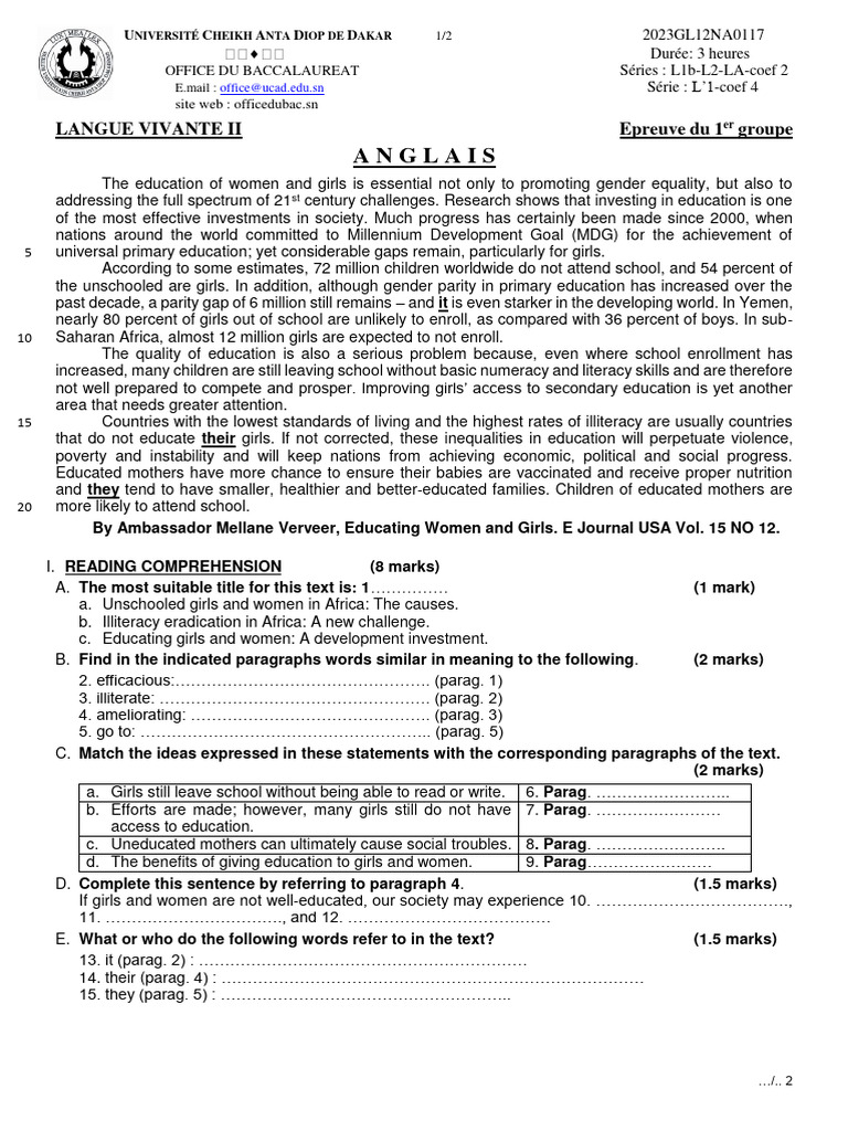 Lv2 Anglais Pdf Literacy Millennium Development Goals