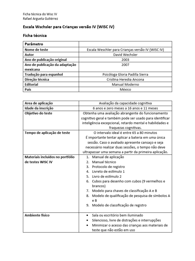 Ficha Técnica Wisc IV | PDF