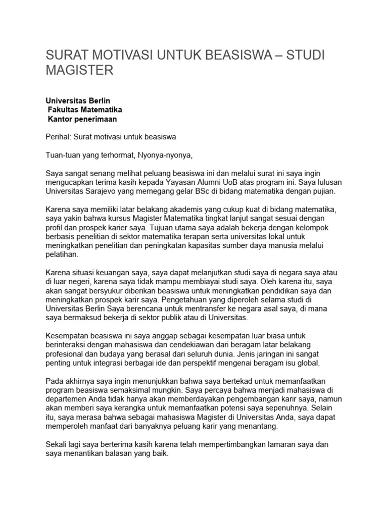 Surat Motivasi Untuk Beasiswa | PDF