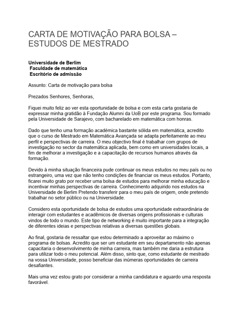Carta de Motivação para Bolsa de Mestrado | PDF | Universidade | Mestrado