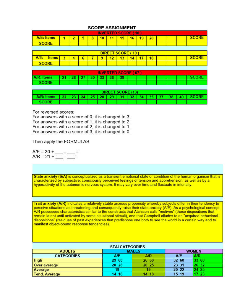 STAI Scoring and Interpretation Guide | PDF | Anxiety | Psychology