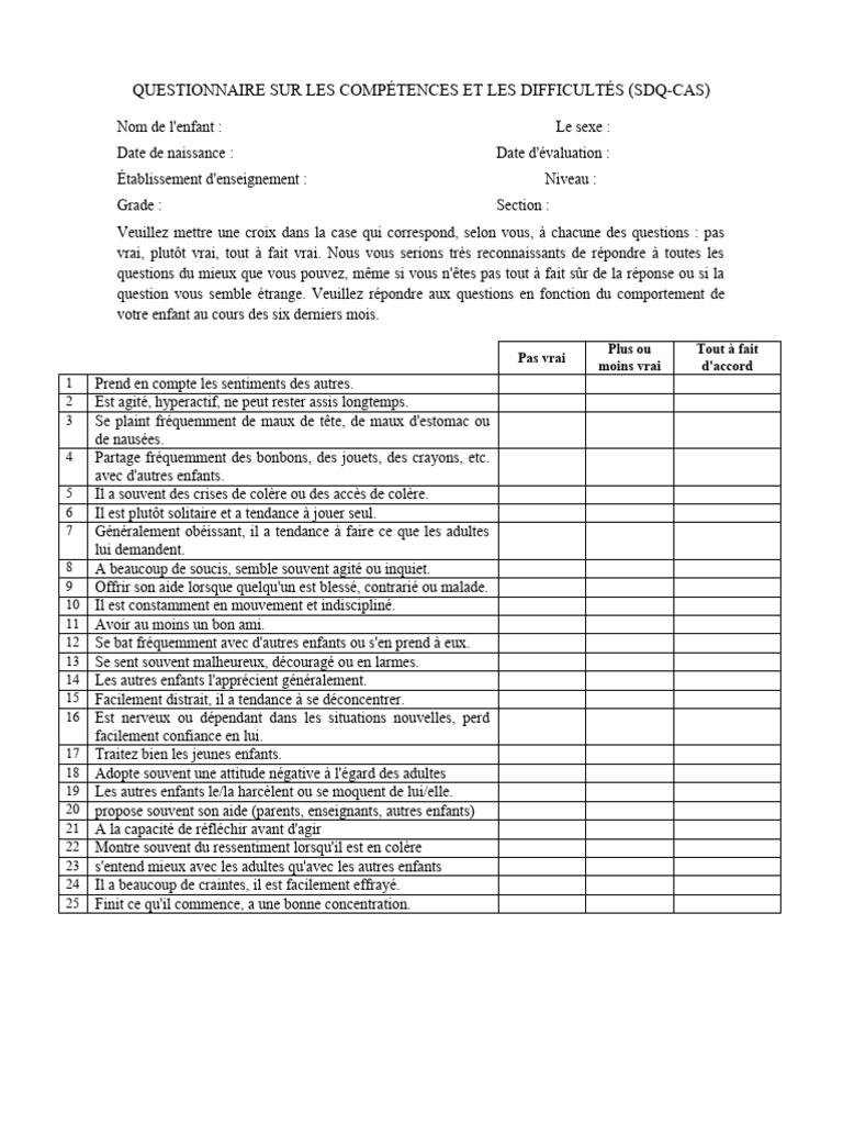 Questionnaire sur les compétences enfantines | PDF | Trouble du déficit ...