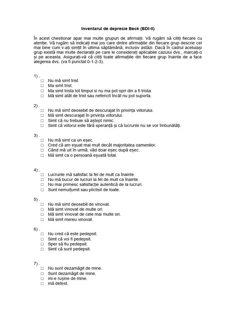 BDI-II Beck Depression Inventory | PDF