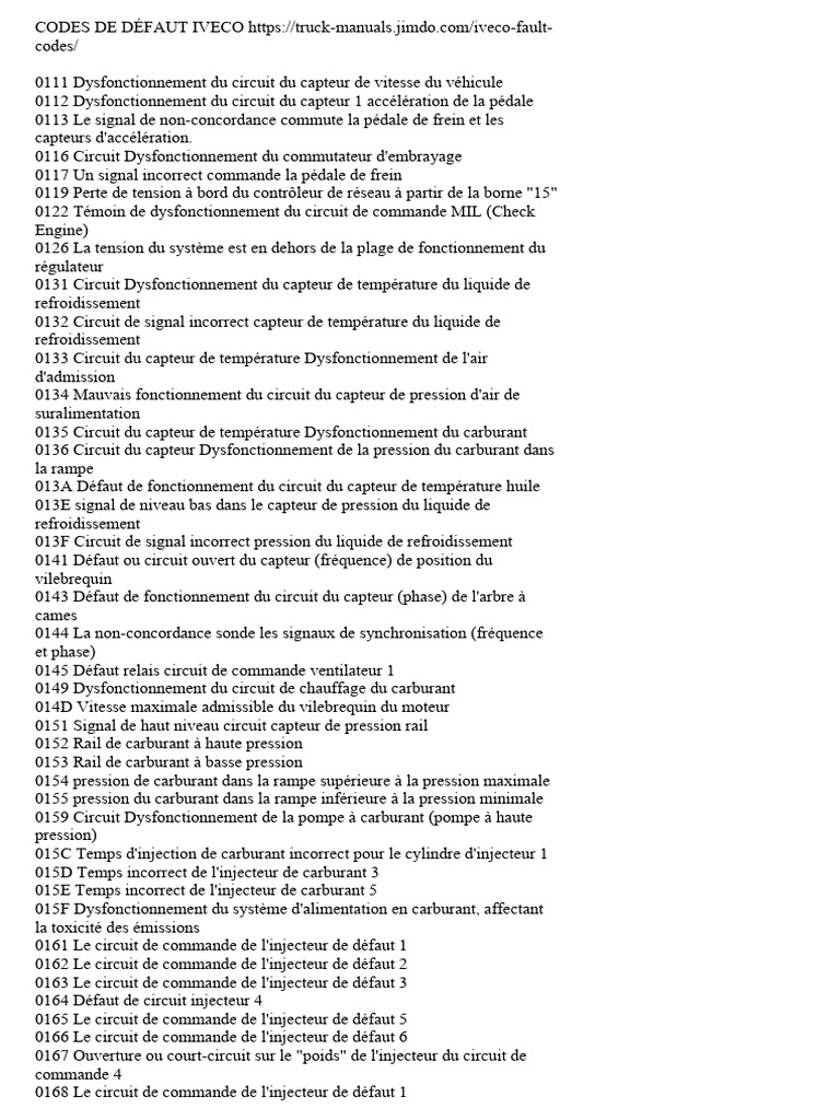 Codes de défauts pour véhicules Iveco | PDF | Injection (moteur ...