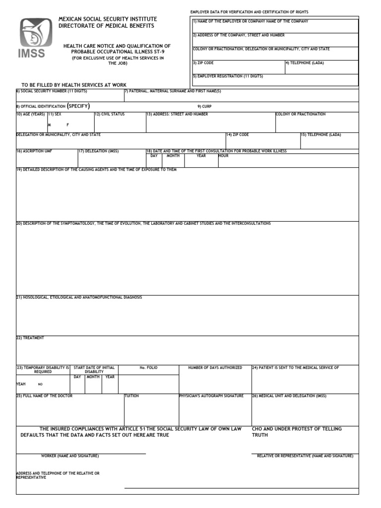 IMSS ST-9 Occupational Illness Form | PDF | Health Care | Employment