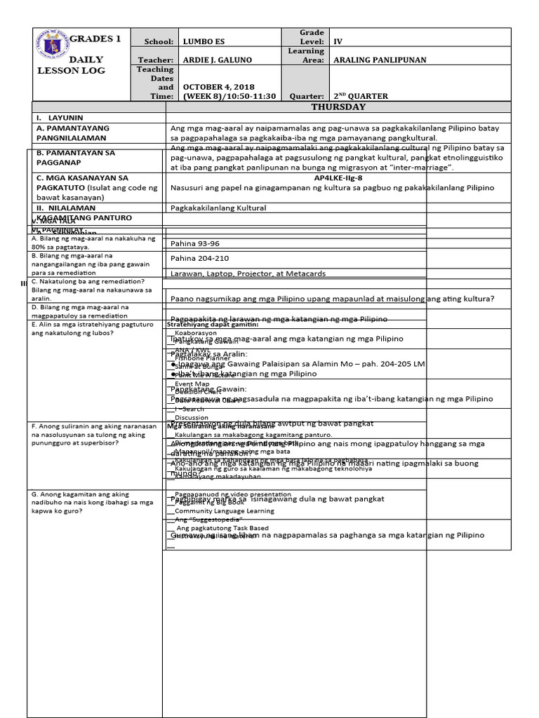 DLL - Araling Panlipunan 4 - Q2 - W8 | PDF