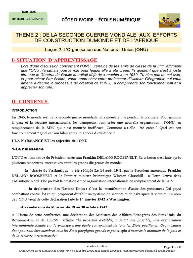 Histoire et fonctionnement de l'ONU | PDF | Nations unies | Relations ...