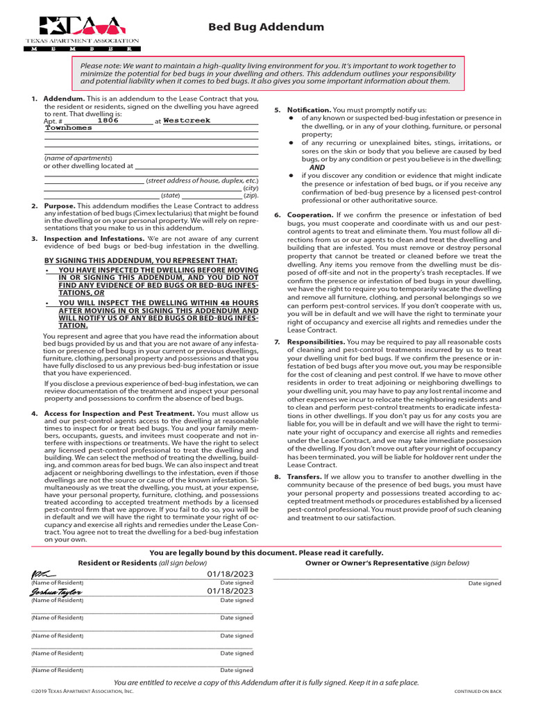 Bed Bug Addendum: 1806 Westcreek Townhomes | PDF | Lease | Fee