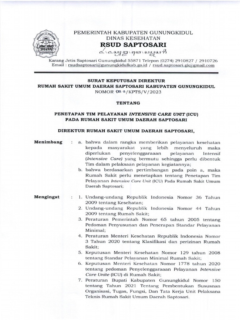 SK Penetapan Tim Icu Rsud Saptosari | PDF