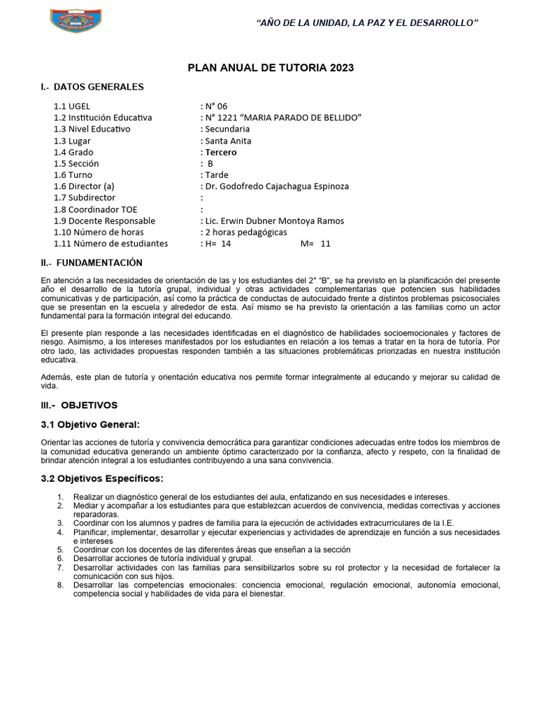 Plan Anual de Tutoría 2023 Secundaria | PDF | Salón de clases | Las ...