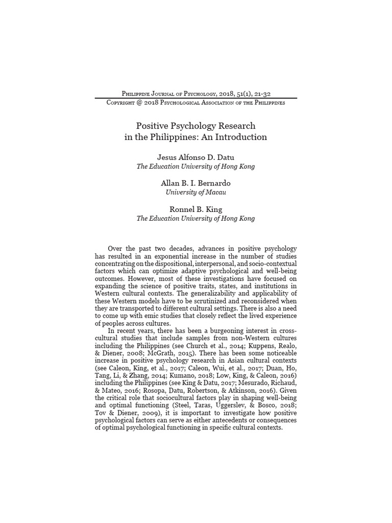 Positive Psychology Research In The Philippines An Introduction Pdf