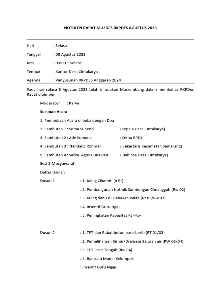 NOTULEN RAPAT MUSDES RKPDES ANGGARAN 2024 | PDF