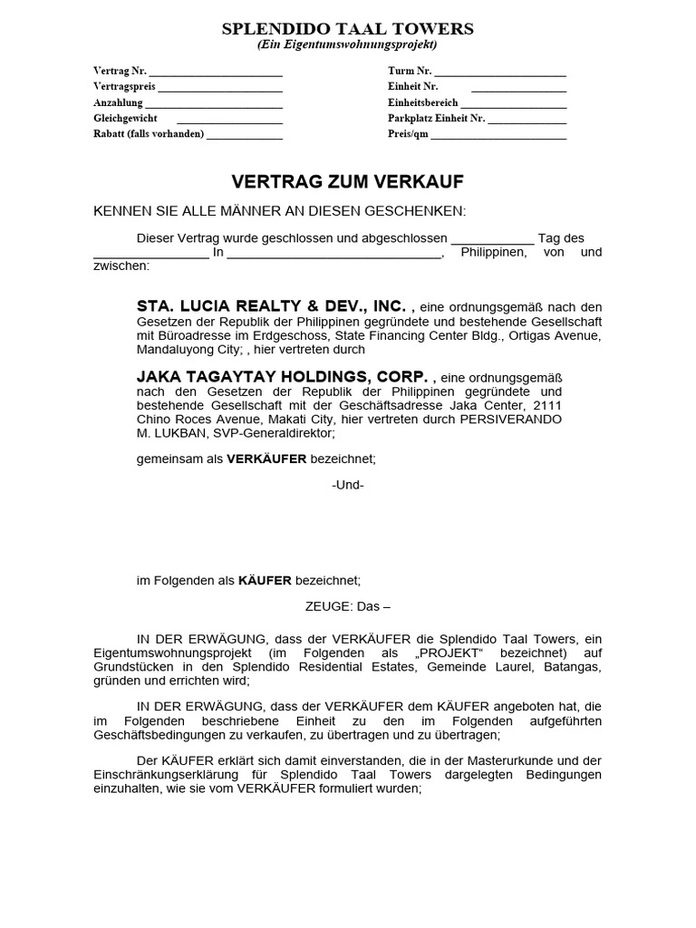 Mustervertrag Zum Verkauf Einer Eigentumswohnung | PDF