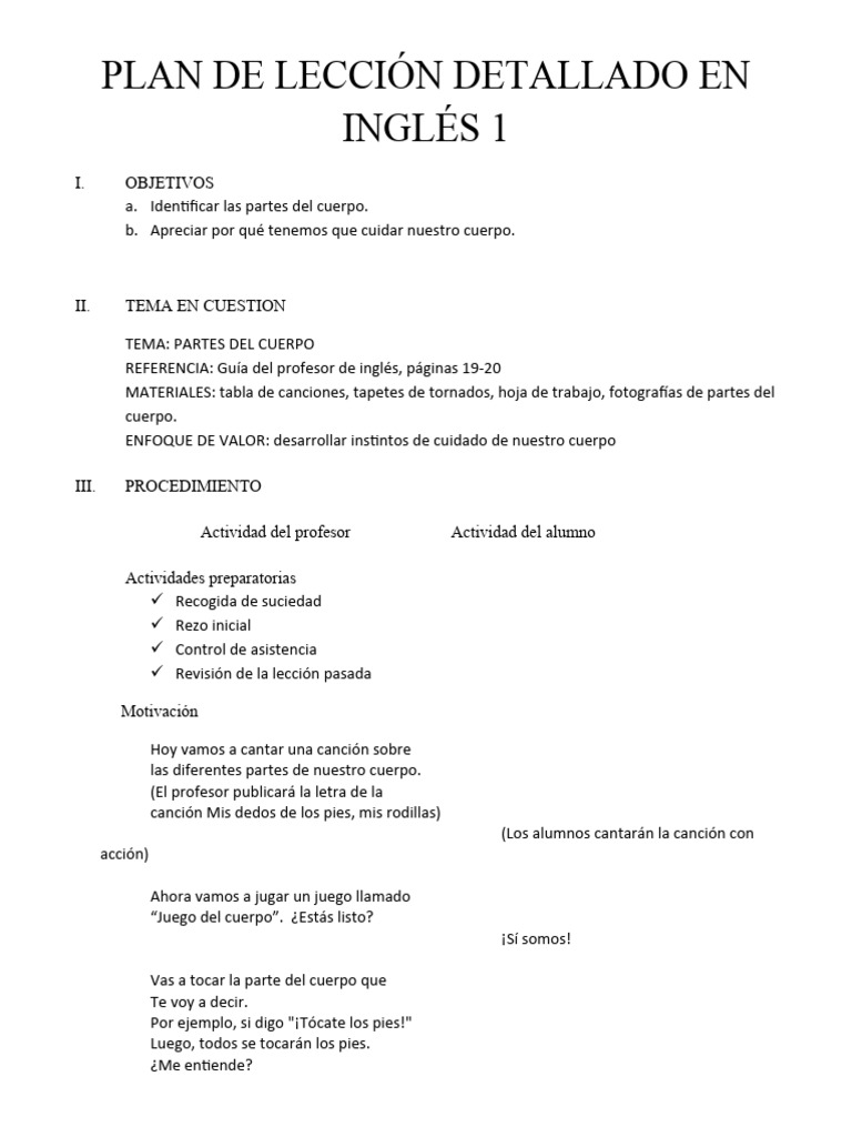 Plan De Lección Detallado En Inglés 1 Pdf