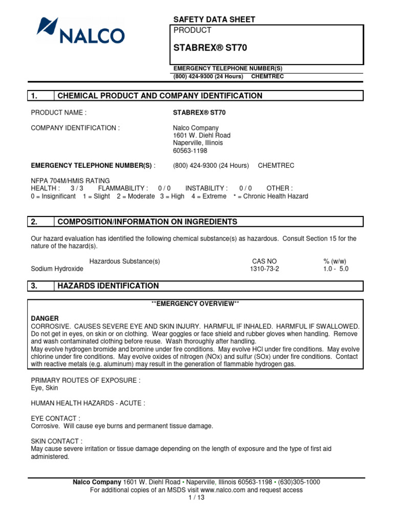 MSDS Nalco@ST70 | PDF