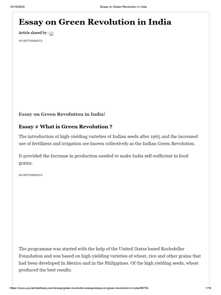 Essay On Green Revolution in India | PDF | Green Revolution | Agriculture