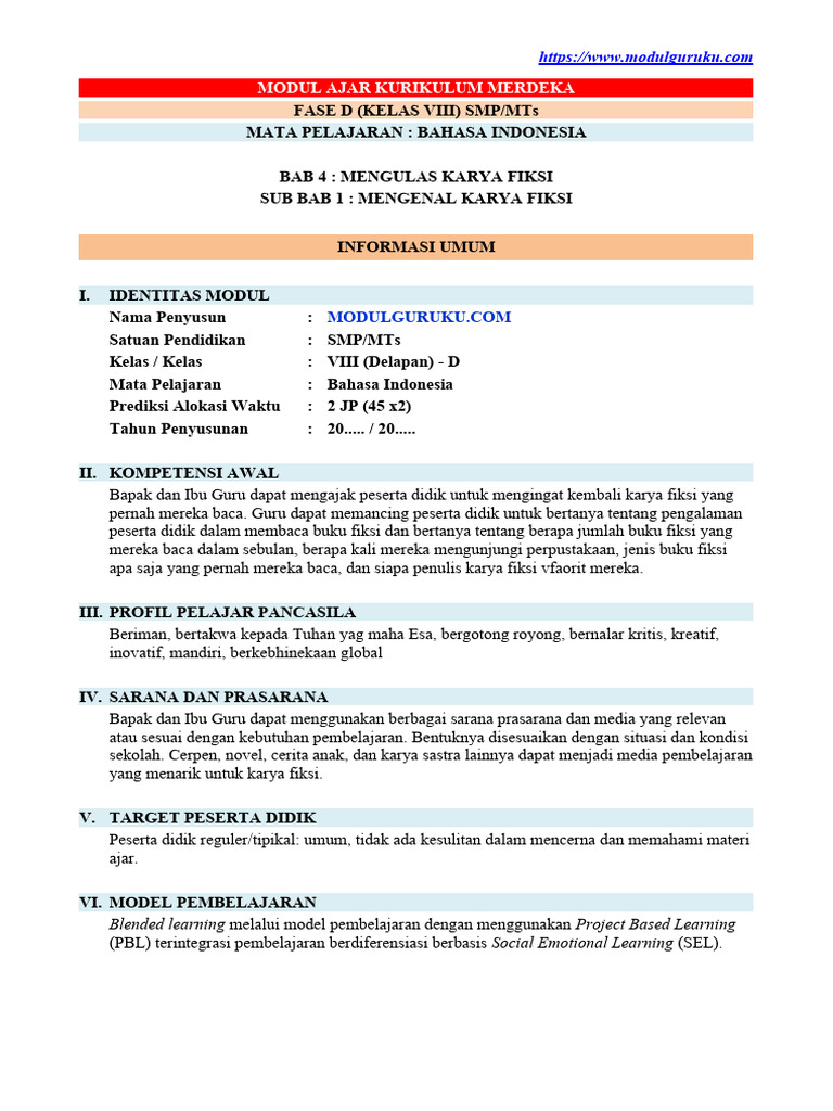 Modul Ajar Kelas 8 Smp Bahasa Indonesia Fase D Pdf