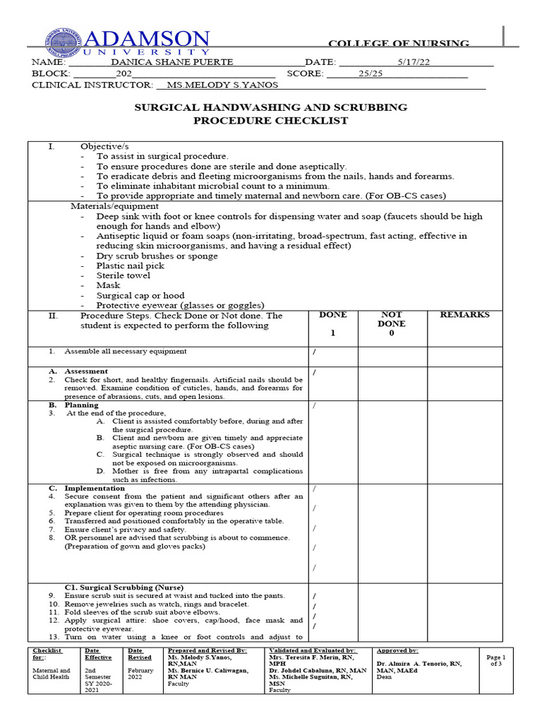 Surgical Handwashing Procedure Checklist | PDF | Hand Washing | Hand