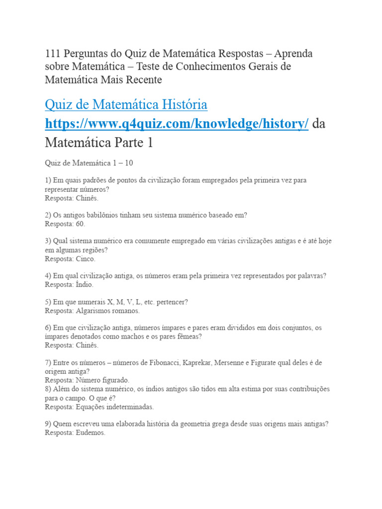 Quiz de Matemática: 111 Perguntas e Respostas | PDF | Matemática ...