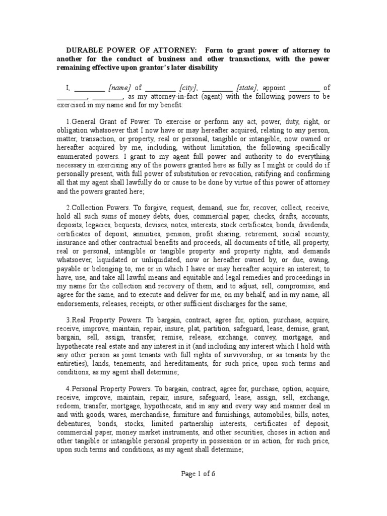 Durable Power of Attorney PDF Law Of Agency Power Of Attorney