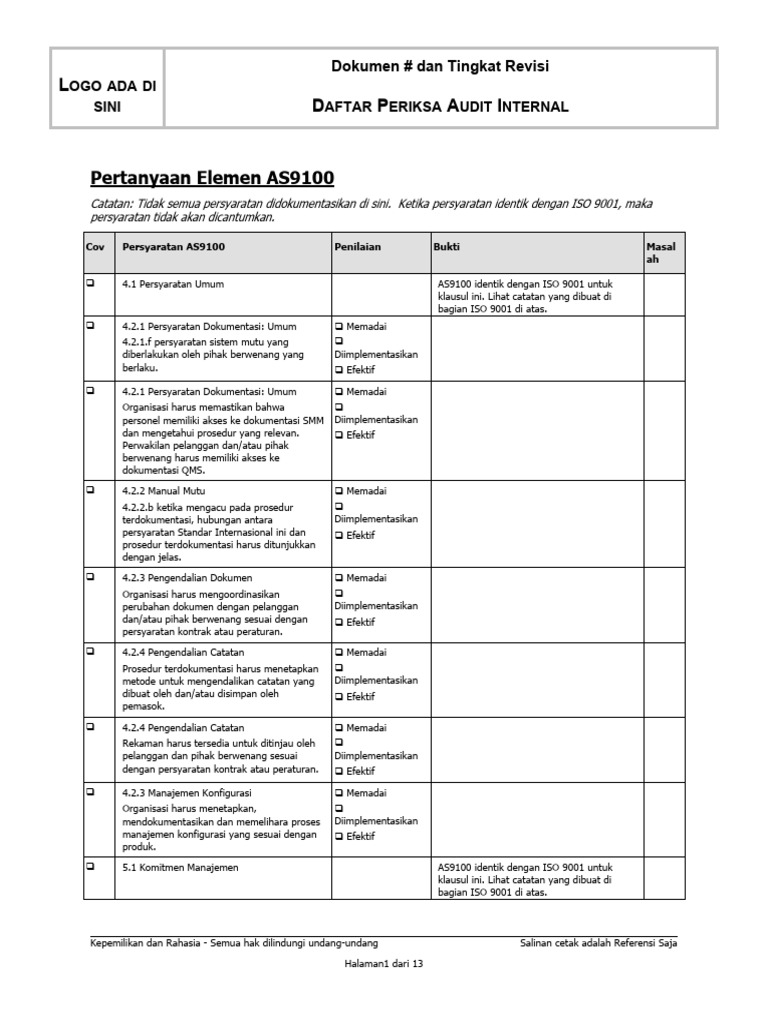 Daftar Periksa Audit Internal - AS9100 | PDF