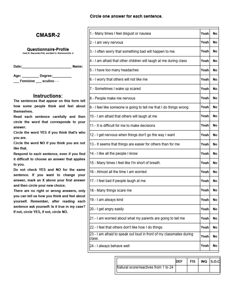 CMASR-2 Anxiety Assessment Tool | PDF | Anxiety