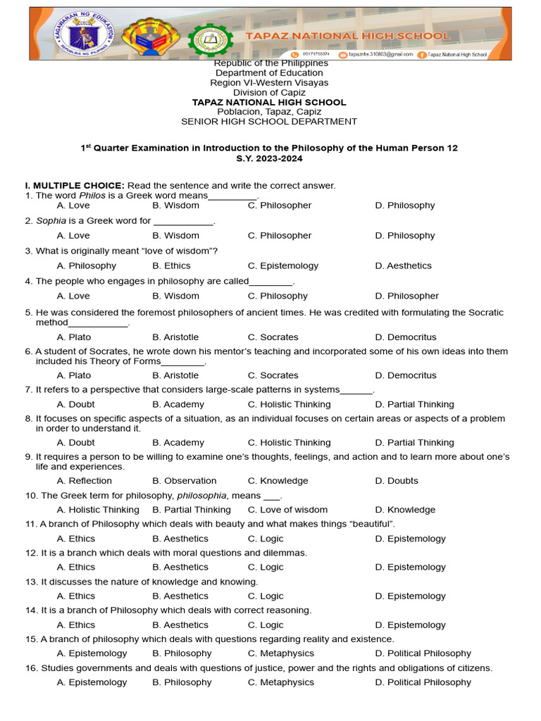 1st Quarter Exam: Philosophy of Human Person | PDF | Epistemology ...