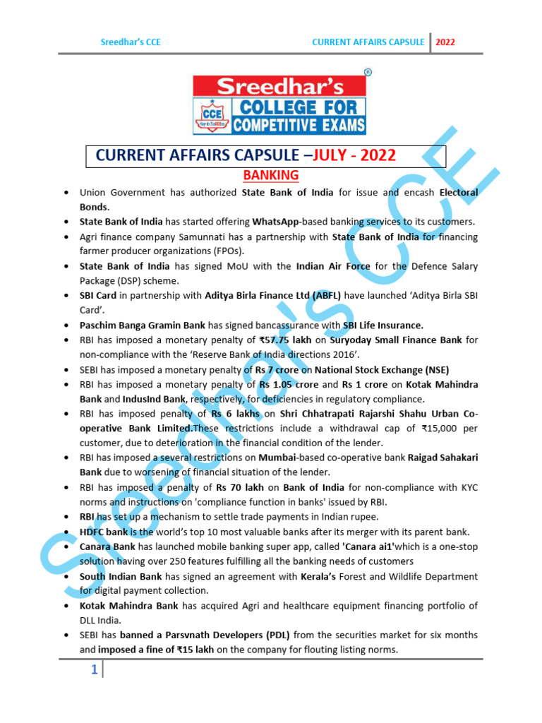 Current Affairs July 2022 Insights | PDF | Reserve Bank Of India ...