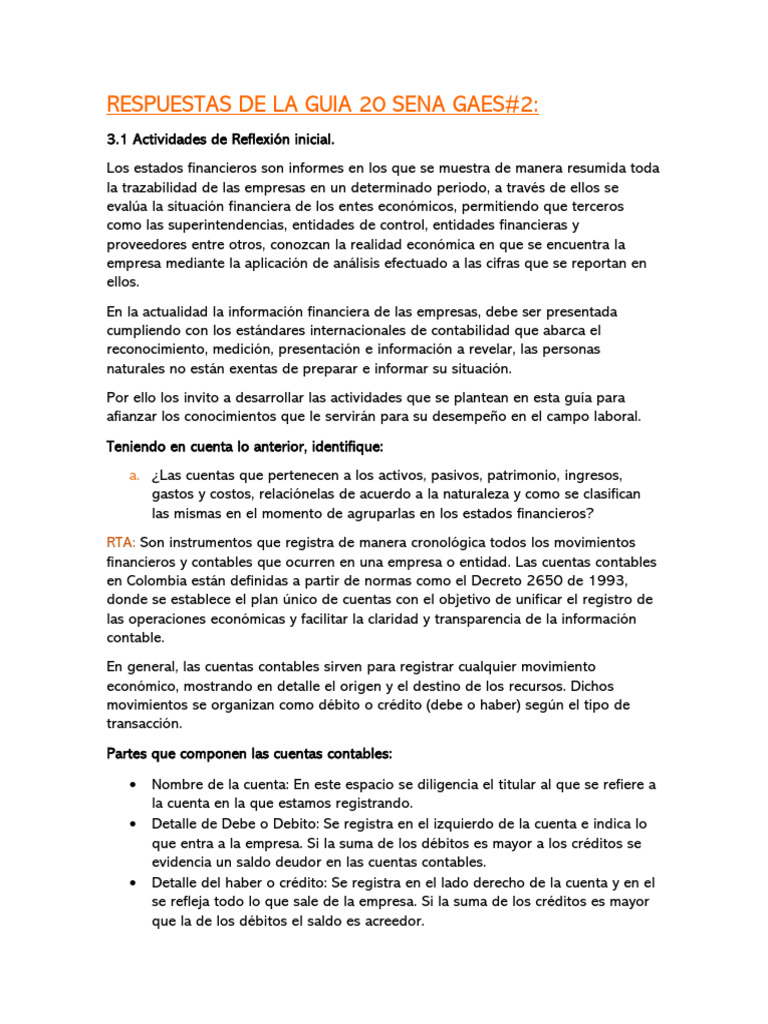 RESPUESTAS DE LA GUIA 20 SENA | PDF | Contabilidad | Estado financiero