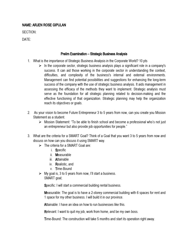 Prelim Examination - Strategic Business Analysis | PDF