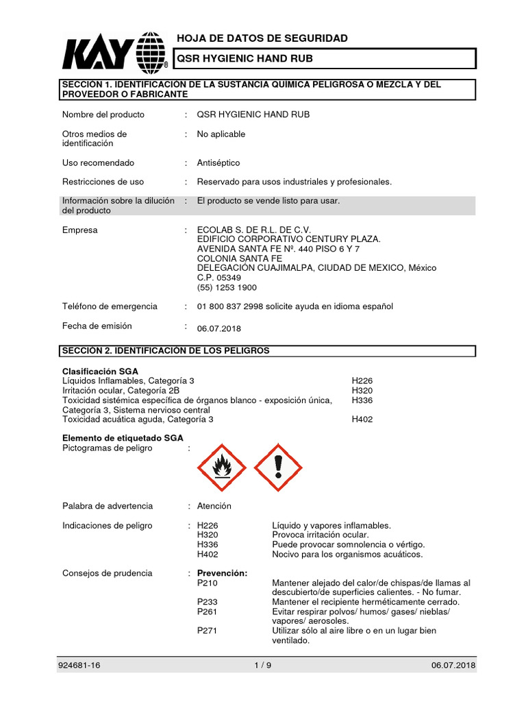 PYS QSR_HYGIENIC_HAND_RUB_Spanish | PDF | Agua | Reciclaje