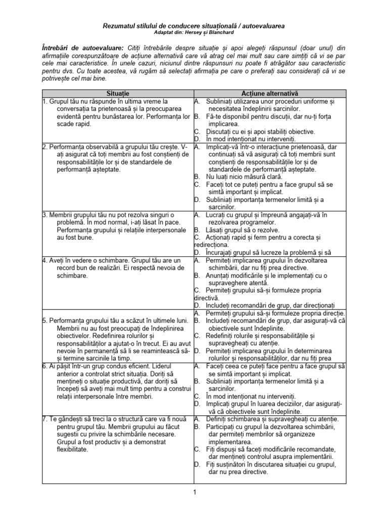 Autoevaluarea Situațională A Conducerii | PDF