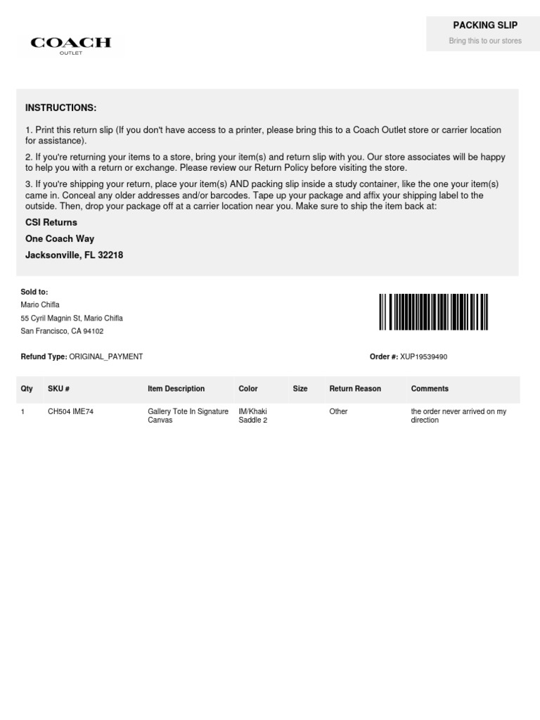 Return Instructions for Coach Orders | PDF