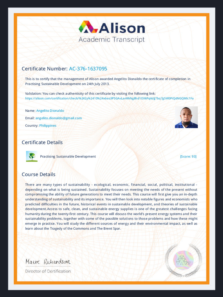 Alison Certificate Transcript Practising Sustainable Development PDF
